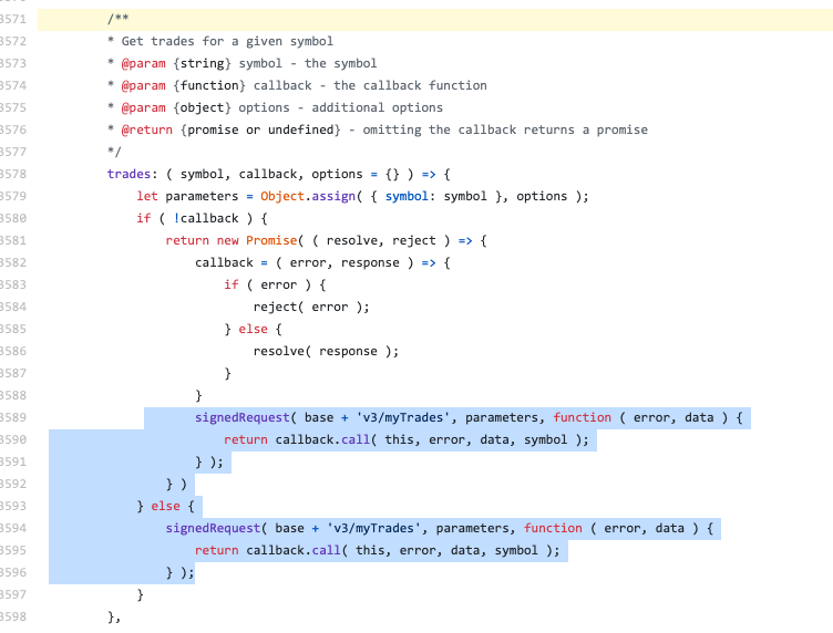 .trades method from Node-binance-api uses "myTrades"